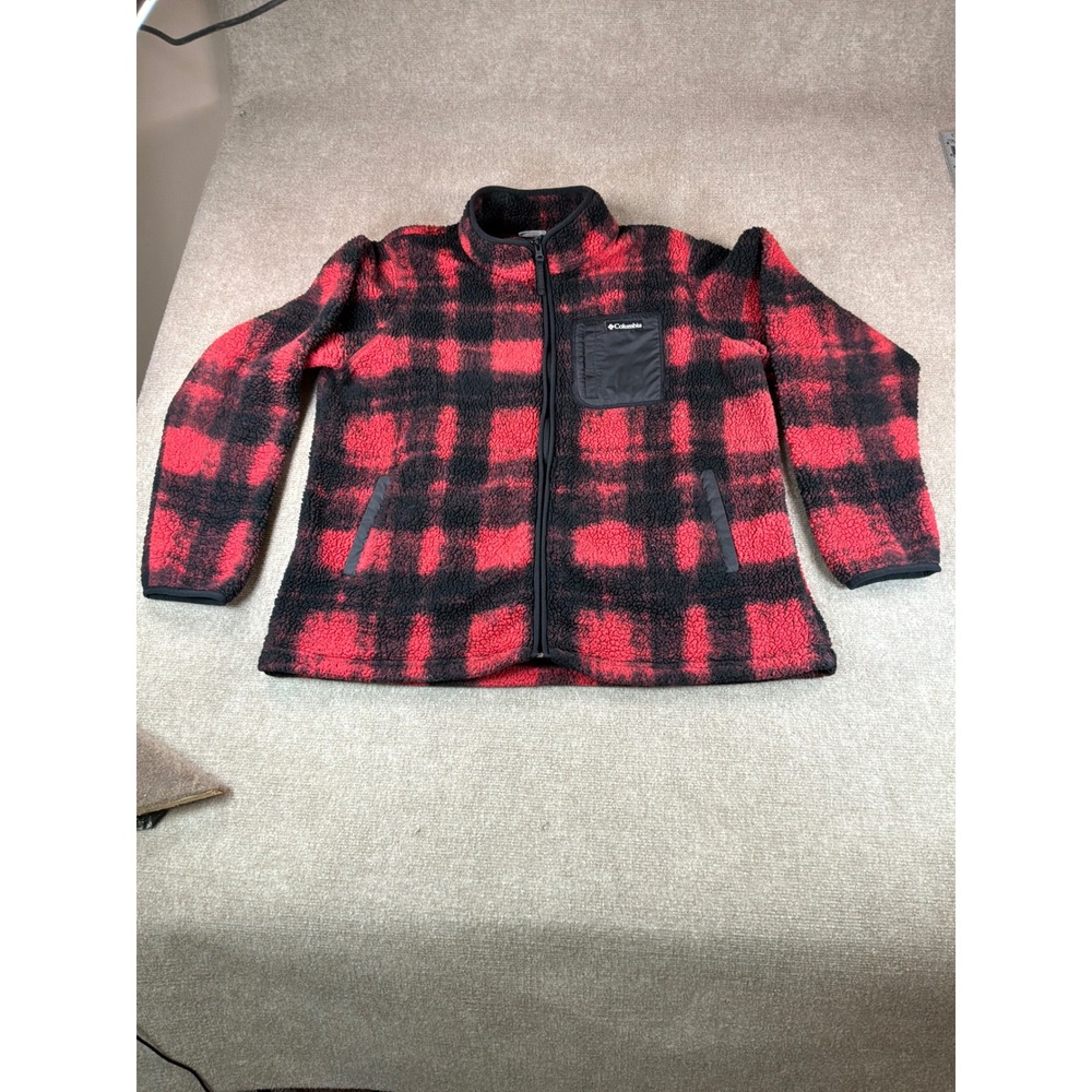Columbia Mens XXL Red Black Buffalo Plaid Sherpa Fleece Full Zip Jacket